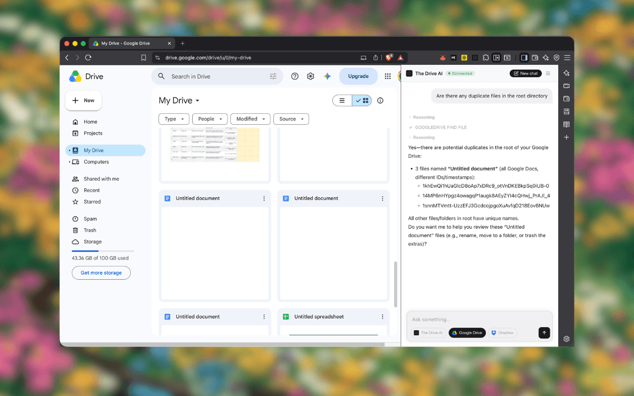Showcase extension running inside Google Drive with AI chat sidebar