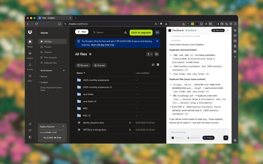 Showcase extension running inside Dropbox with dark theme