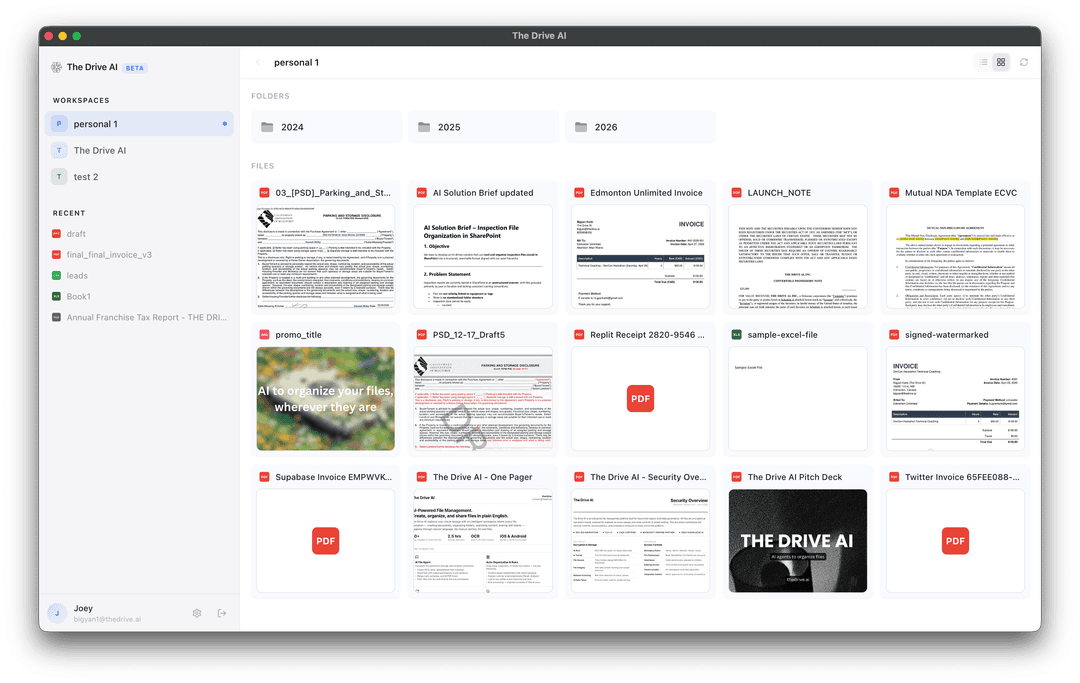 Showcase desktop app showing workspace files and folders