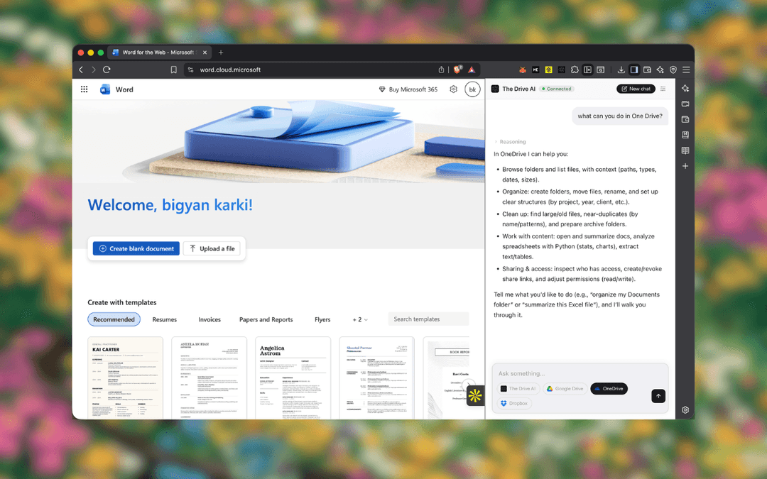 Showcase extension running inside Microsoft OneDrive